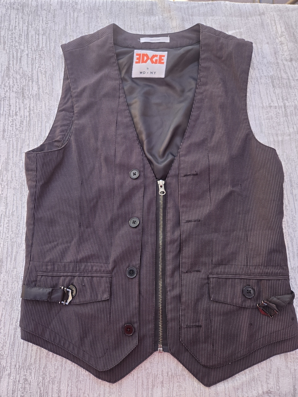 edge Men's Dark Brown Pinstripe Vest with Zip & Button Front